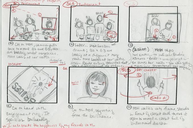 a storyboard the first scene when brides is late joining bridesmaids the short film The Maid of Honor