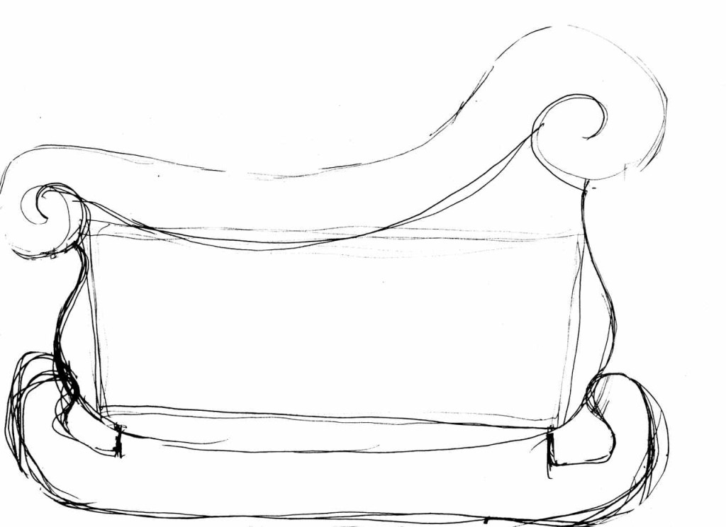 Preliminary, rough sketch of the side of what will become Santa's Sleigh Gingerbread centerpiece or Advent Calendar. 