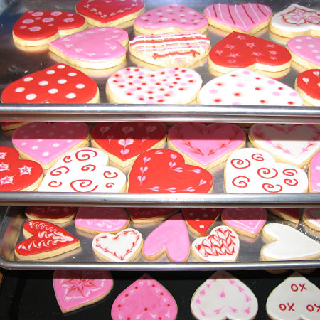 Valentine's Day cookies on baking sheets